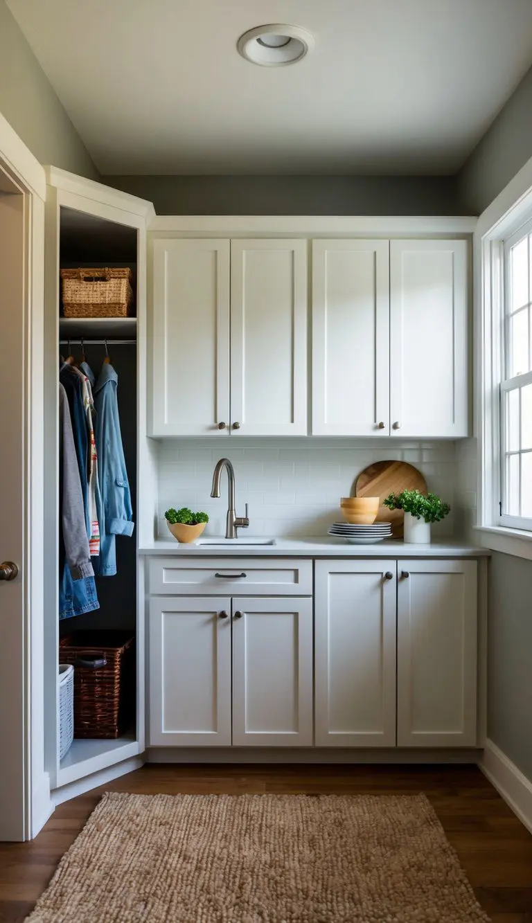 A mudroom-kitchen combo with dual-purpose cabinets storing clothes and dishes