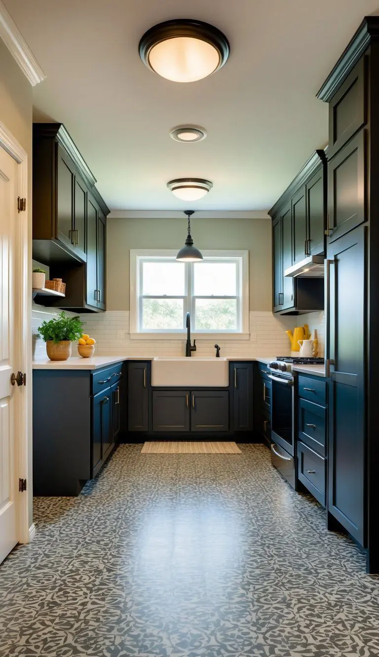 A spacious mudroom and kitchen combo with durable vinyl flooring, featuring easy-to-clean surfaces and practical design