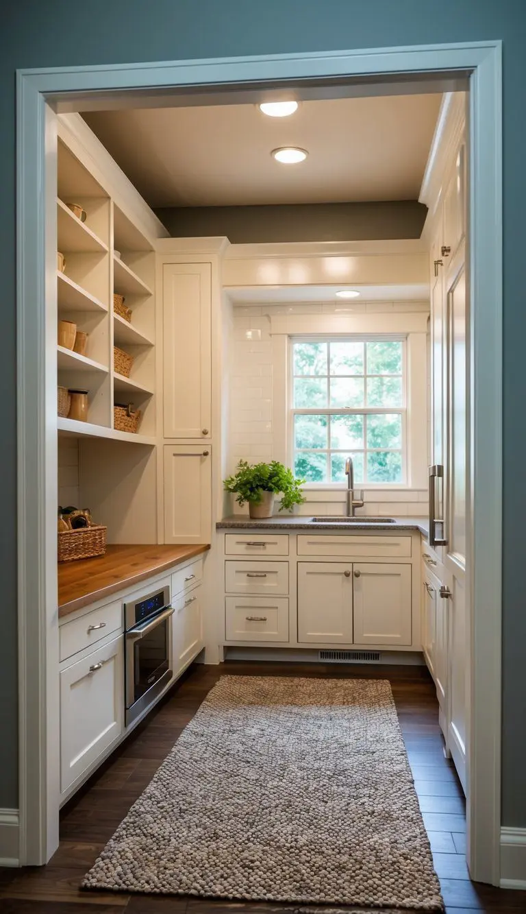 A mudroom and kitchen combo with open shelving for easy access