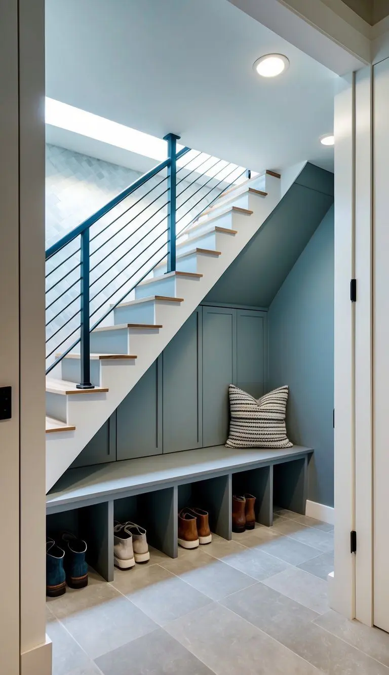 A sleek, modern mudroom tucked under a staircase, featuring built-in shoe cubbies