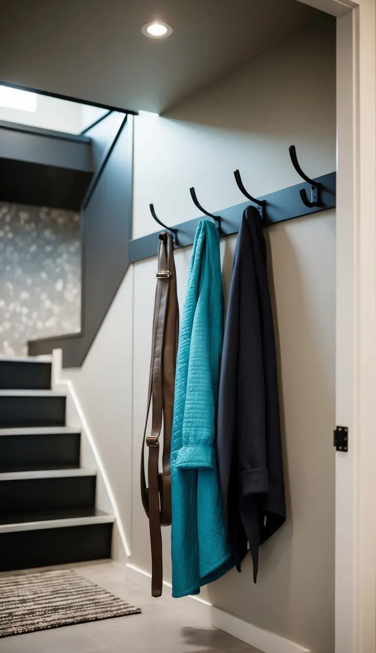 Five sleek coat hooks hang in a modern mudroom under a staircase