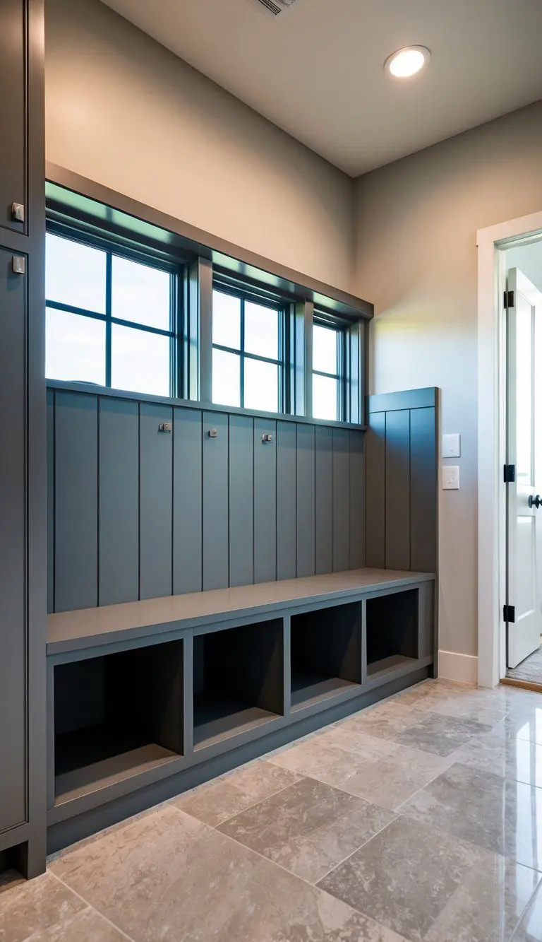 A sleek, modern mudroom with a built-in under-stair storage bench