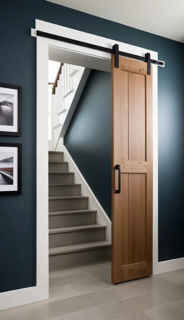 A sliding barn door opens to reveal a modern mudroom tucked under a staircase