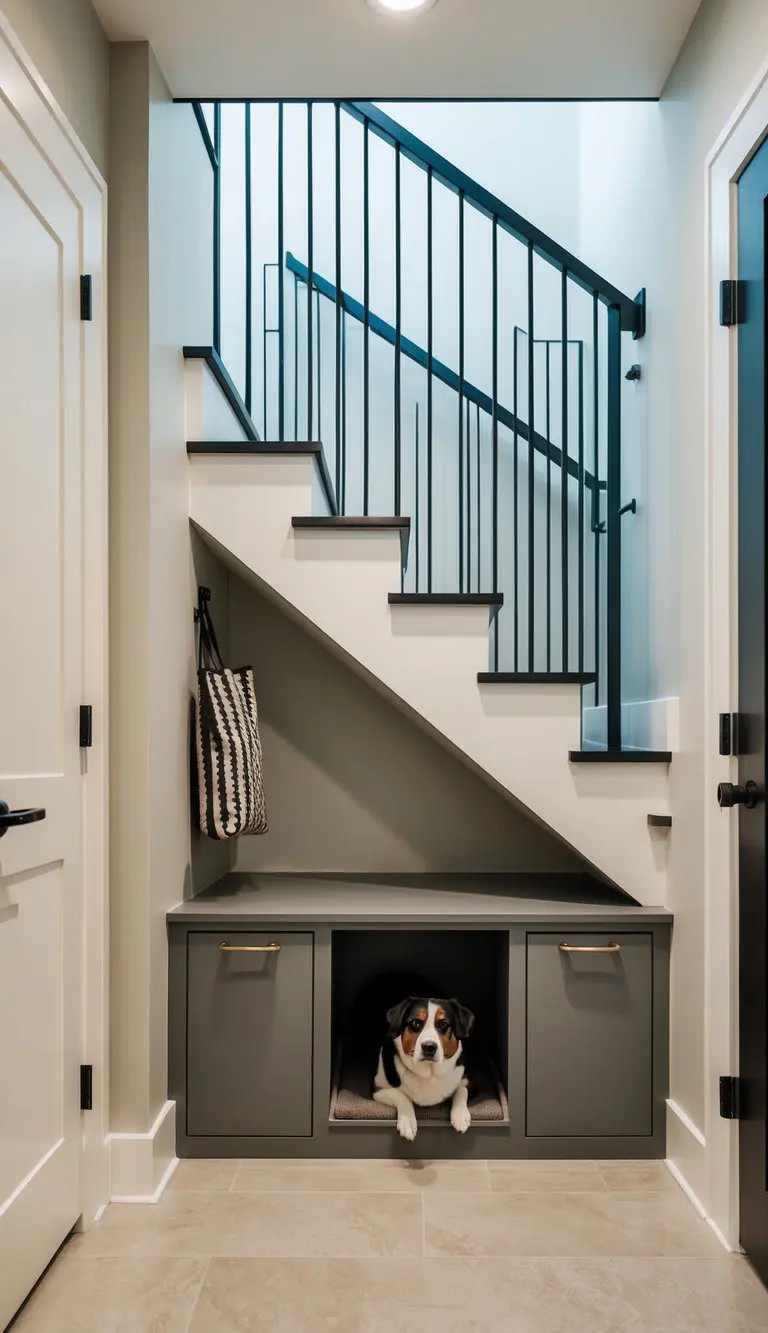 A sleek, integrated pet nook tucked beneath a modern staircase in a tidy mudroom
