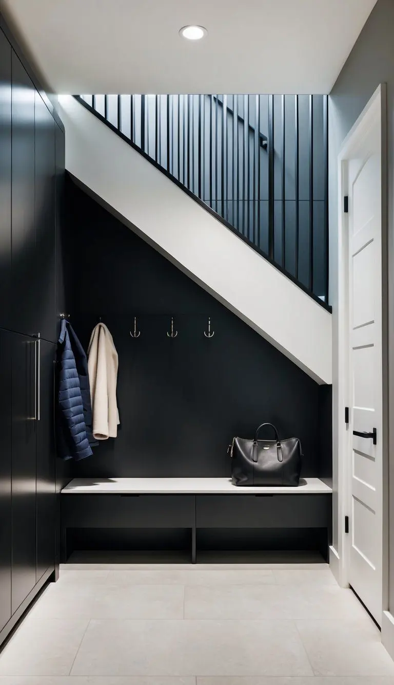 A sleek, minimalist mudroom tucked beneath a staircase, featuring built-in storage, a sleek bench, and hooks for coats and bags