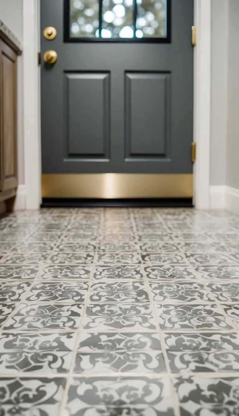 A mudroom floor with gray and white patterned tiles