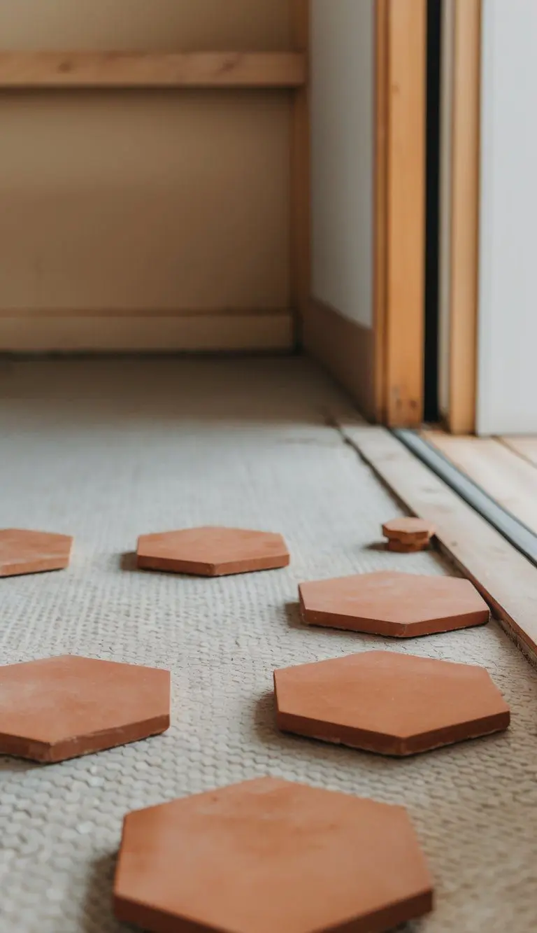 Five hexagon clay tiles arranged on a mudroom floor