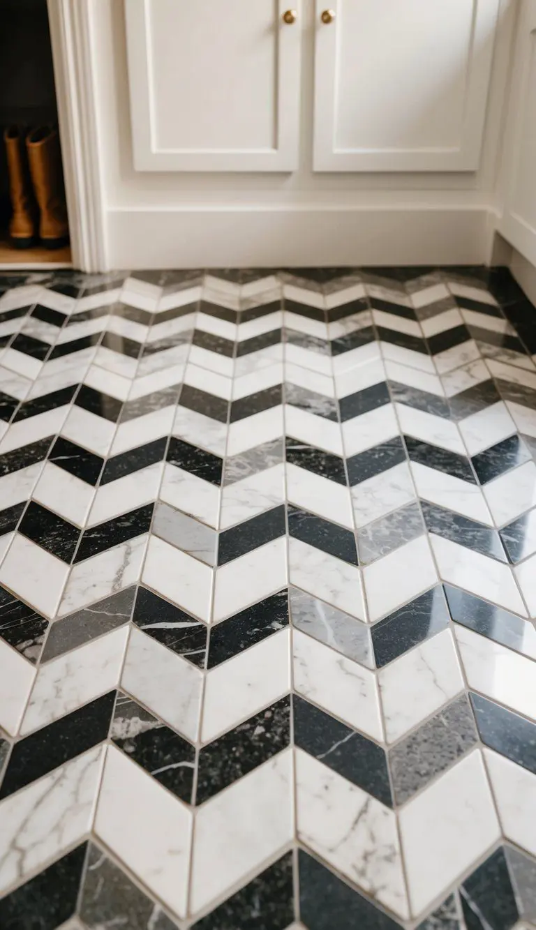 A pattern of Chevron marble tiles on a mudroom floor
