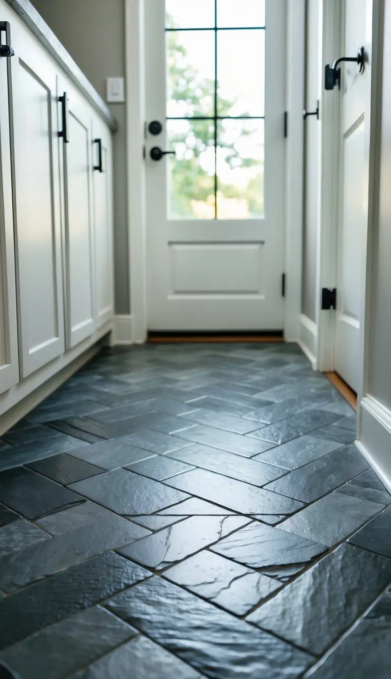 A clean, modern mudroom floor tiled with slate-look porcelain in a herringbone pattern