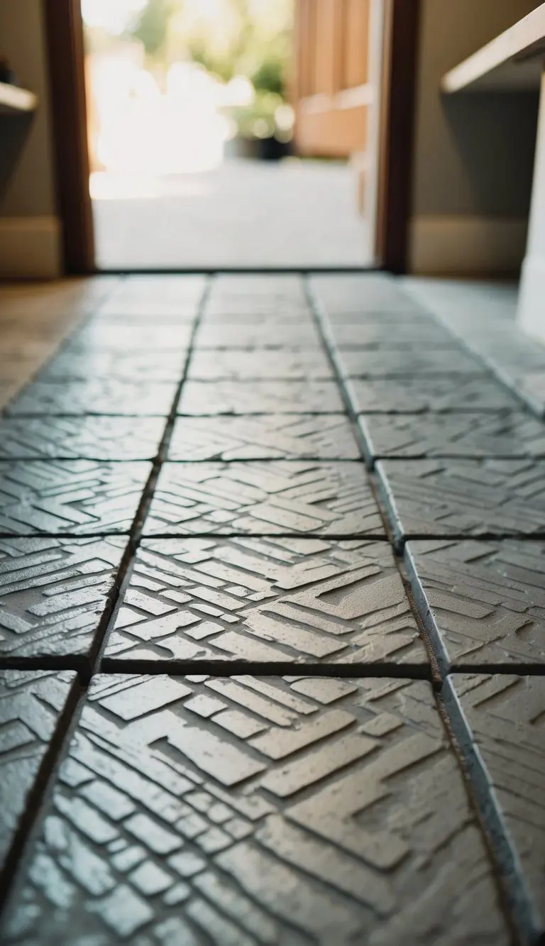 A close-up of 5 textured cement tiles arranged on a mudroom floor