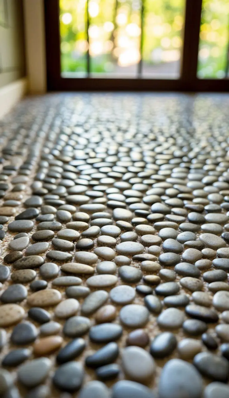 A mosaic of pebble stone tiles forms a pattern on the mudroom floor