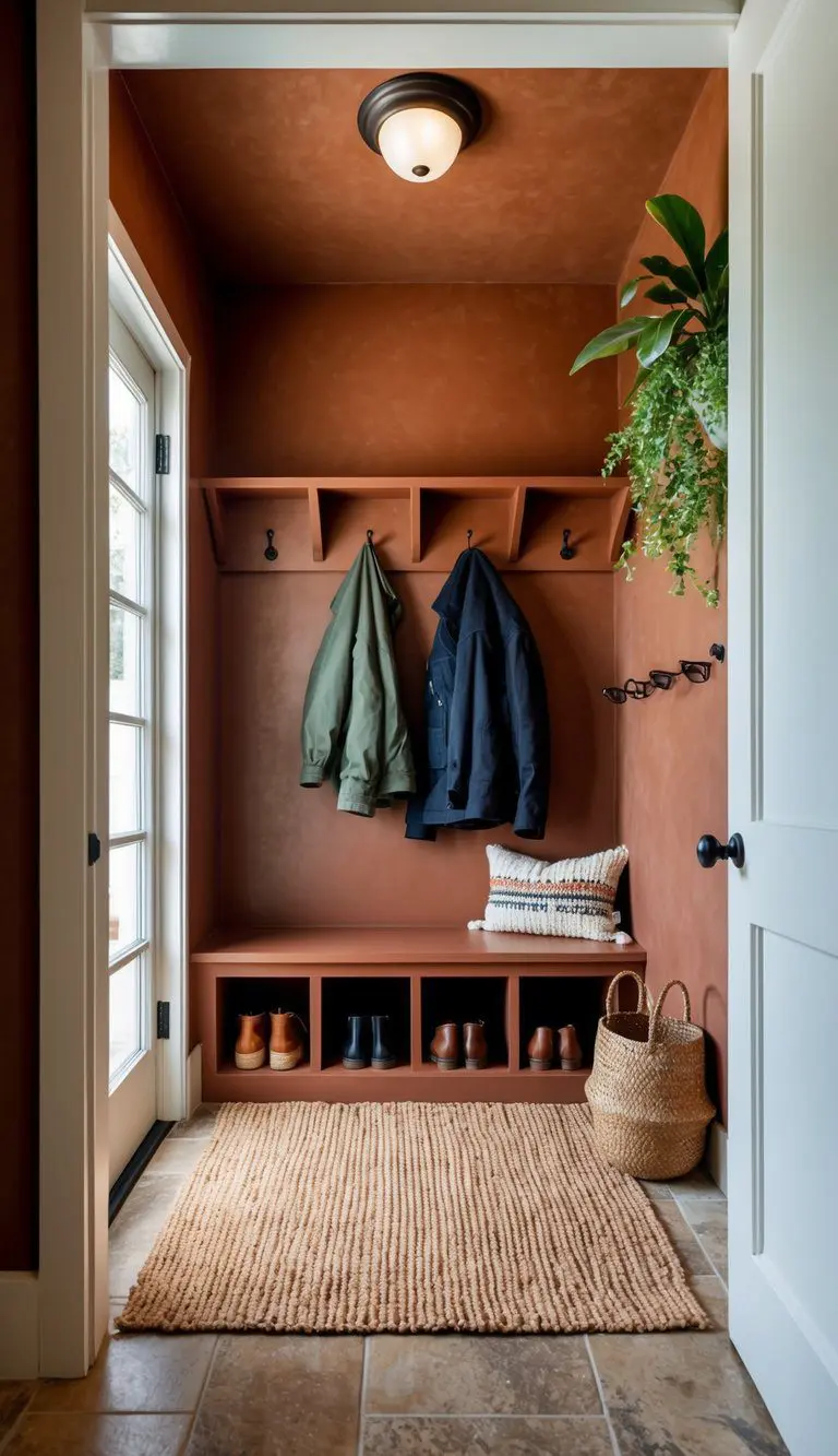 A cozy mudroom with terracotta walls, a built-in bench, and storage cubbies for shoes and jackets. A woven rug and potted plants add warmth