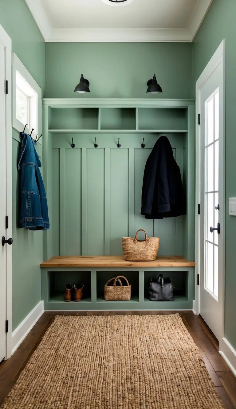A cozy mudroom with sage green walls, a built-in bench, and hooks for hanging coats and bags. A woven rug adds warmth to the space