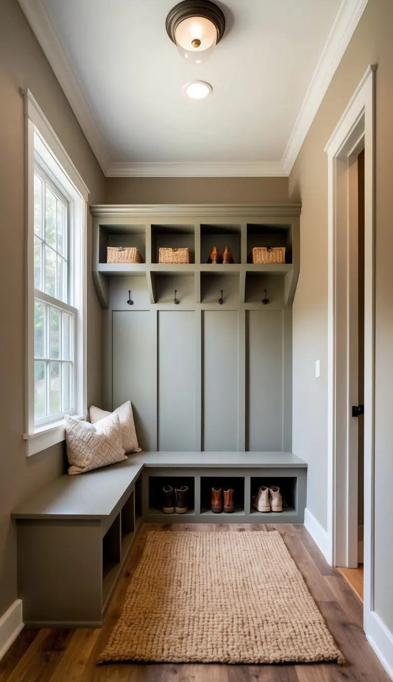 A cozy mudroom with soft taupe walls, a built-in bench, shelves for shoes, and a woven rug to welcome you home