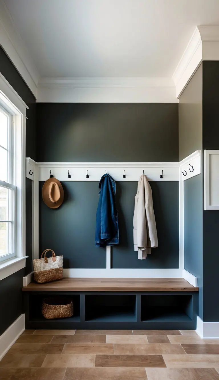 A mudroom with charcoal grey walls, accented with white trim and natural wood elements. A built-in bench with storage and hooks for coats