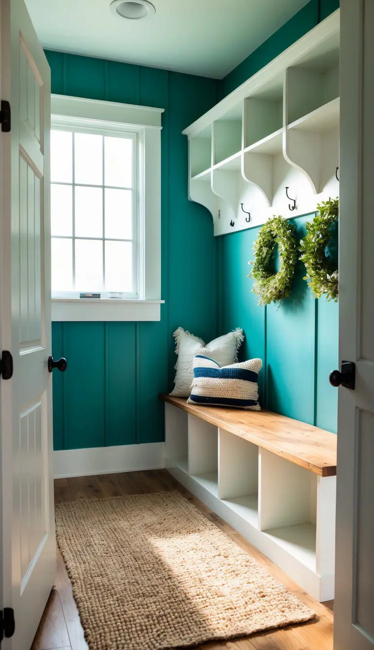 A cozy mudroom with ocean teal walls, adorned with white storage cubbies, a woven rug, and a wooden bench. Sunlight streams in through a window, casting a warm glow on the space