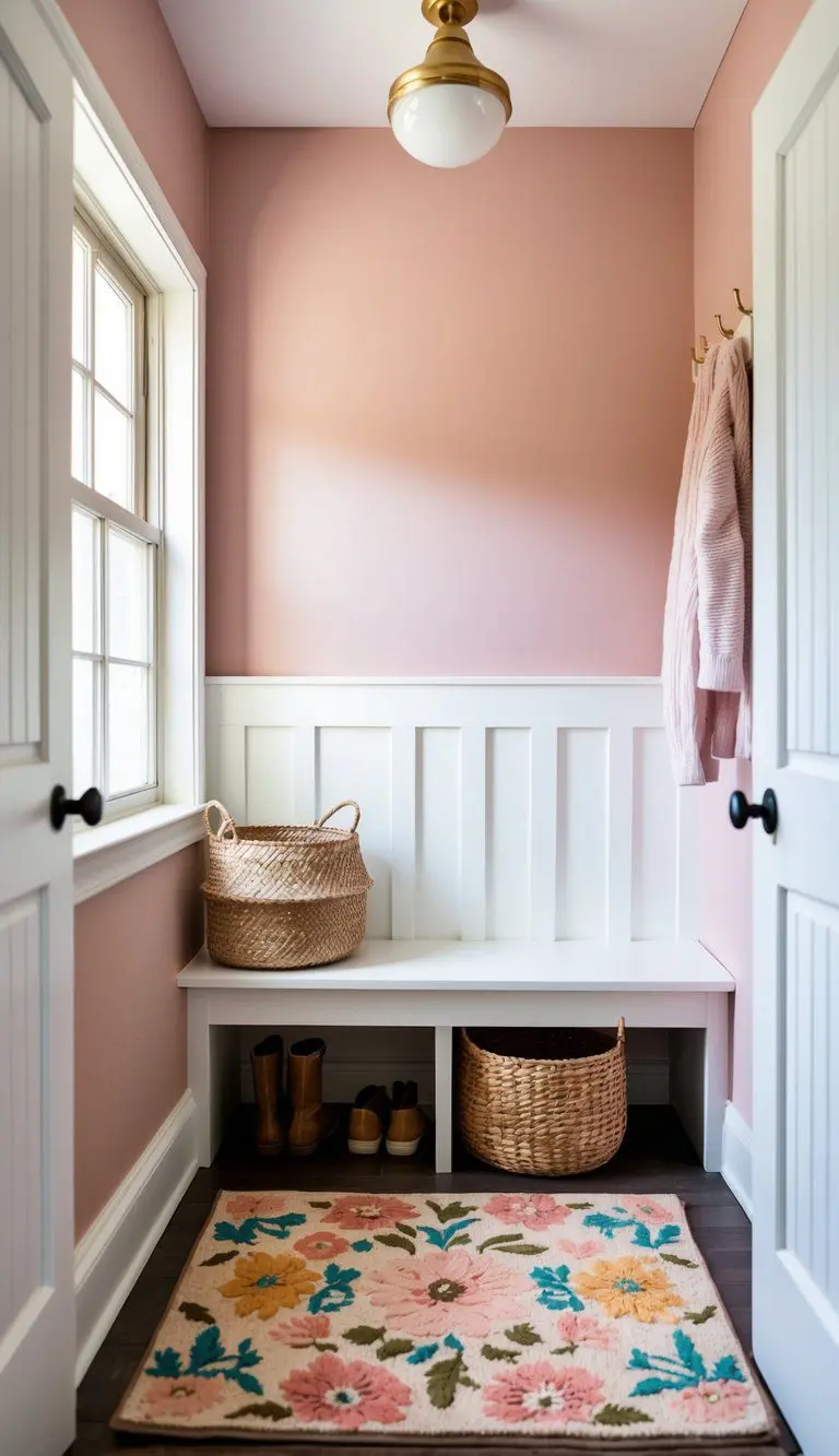 A cozy mudroom with blush pink walls, a white bench, and a woven basket for shoes. A floral rug adds a pop of color
