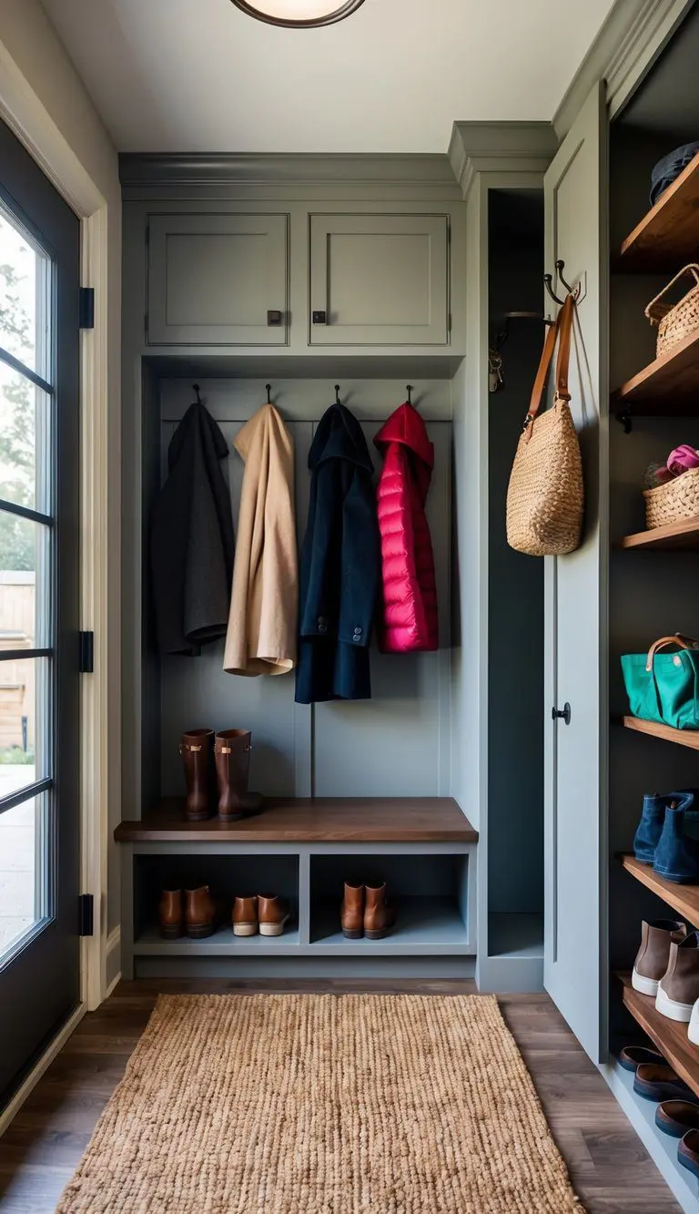 A mudroom bench with built-in storage sits next to a pantry, with hooks for hanging coats and shelves for organizing shoes and accessories
