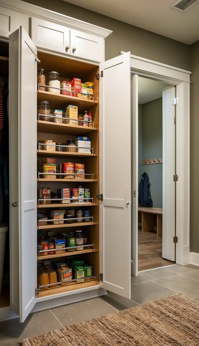 A spacious pantry cabinet with pull-out shelves in a mudroom setting