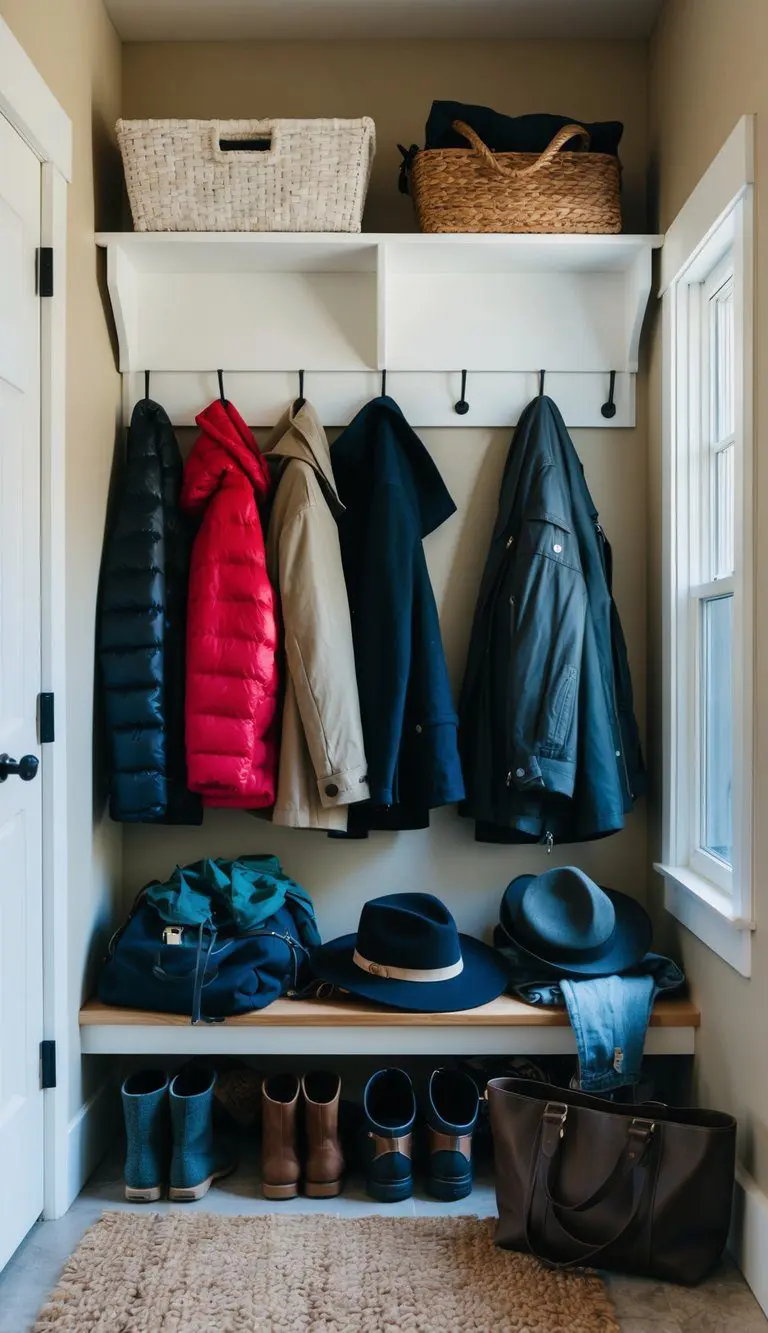 A wall-mounted coat rack hangs in a cluttered mudroom-pantry combo, with jackets, hats, and bags strewn about