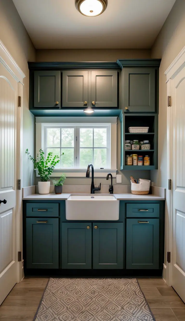 A spacious mudroom pantry combo featuring a multipurpose utility sink with storage cabinets and shelves