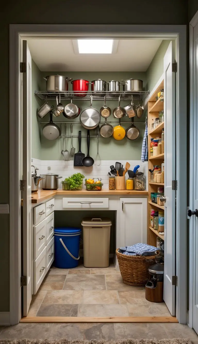 A cluttered mudroom with a pantry combo, featuring an overhead pot rack filled with various kitchen utensils and cookware