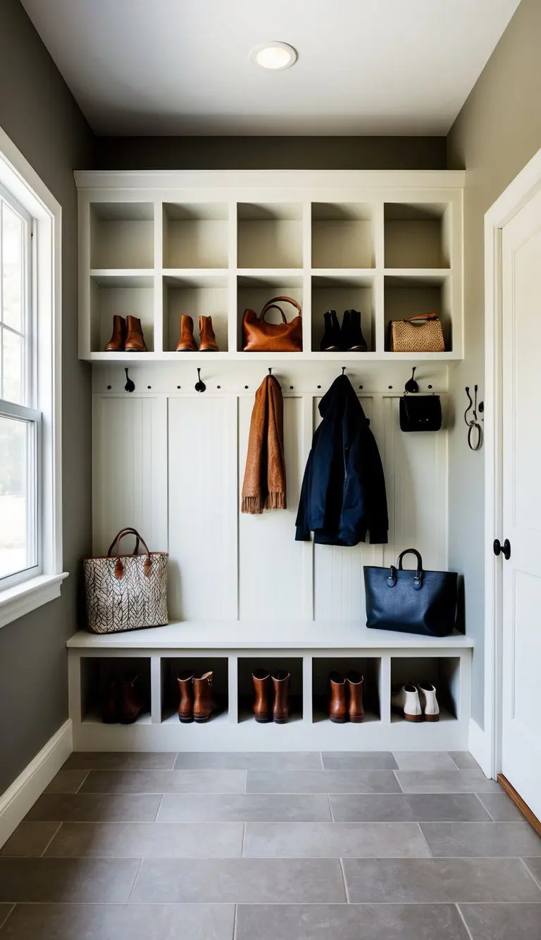 A mudroom with built-in cubby storage for shoes, bags, and accessories. Hooks and shelves for organization, with a bench for seating and a clean, minimalist design