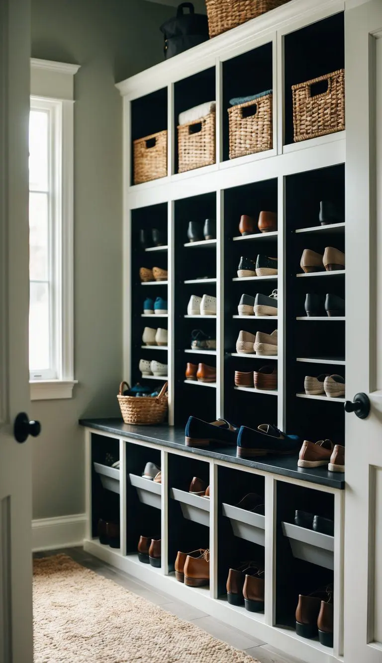 A mudroom with 7 Trones Shoe/Storage Cabinets neatly organizing shoes and accessories
