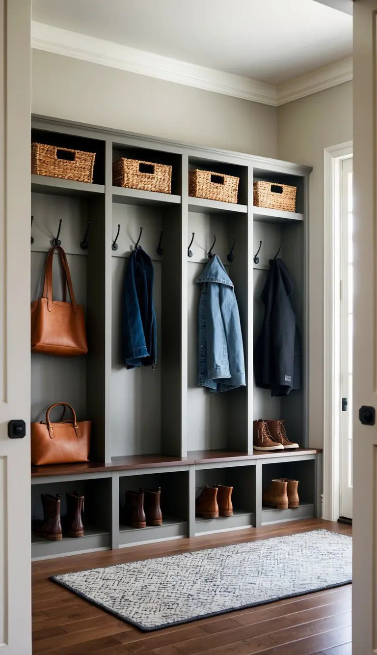 A mudroom with a Pottery Barn Logan Modular Entryway Set, featuring seven cubbies for storage, with hooks for hanging coats and shelves for organizing shoes and accessories