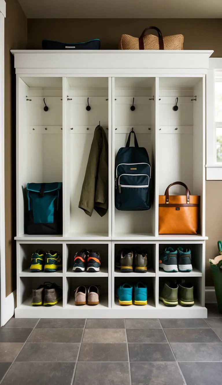 A mudroom with a ClosetMaid Cubeicals Organizer featuring seven cubbies filled with neatly arranged shoes, bags, and other outdoor accessories