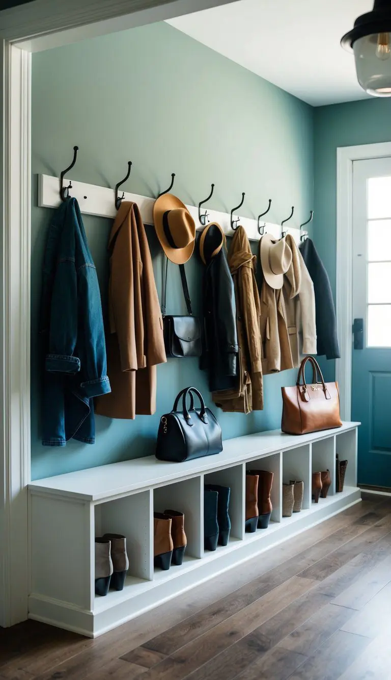 A wall shelf with hooks holds coats, hats, and bags. Seven cubby storage units organize shoes and accessories in the entryway