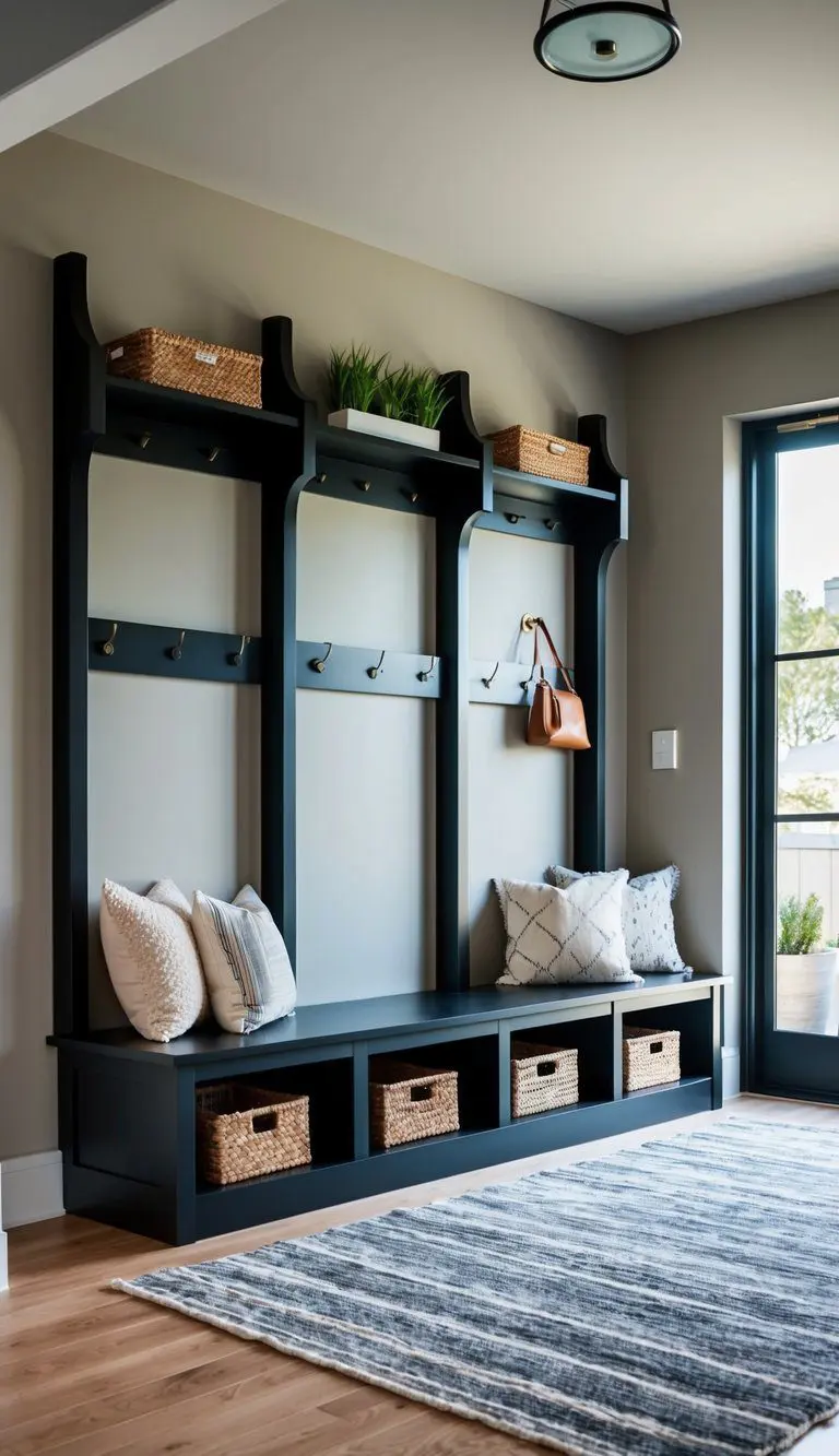 An entryway bench with seven cubby storage compartments in a modern urban setting