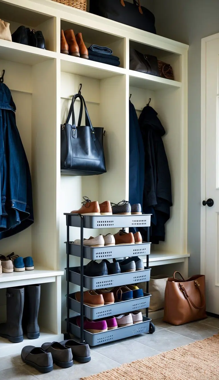 A cluttered mudroom with shoes, bags, and accessories scattered around. The Container Store Hudson 3-Tier Rolling Cart is neatly organized with various cubby storage ideas