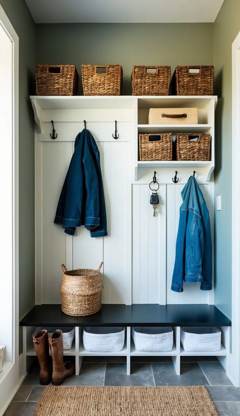 A mudroom with hooks, shelves, baskets, and a key rack for storage