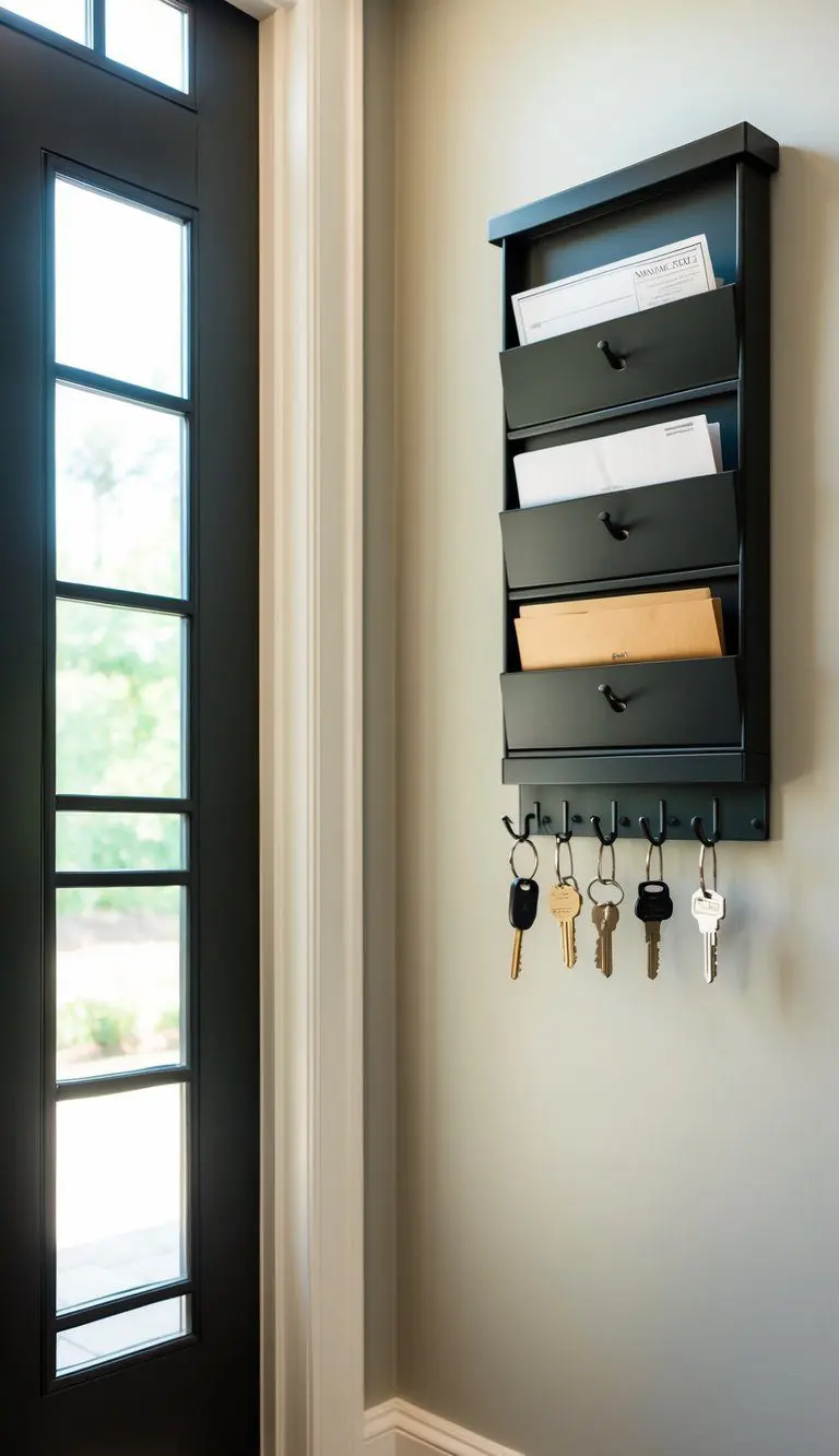 A wall-mounted mail sorter with hooks hangs next to a row of key storage ideas in a mudroom