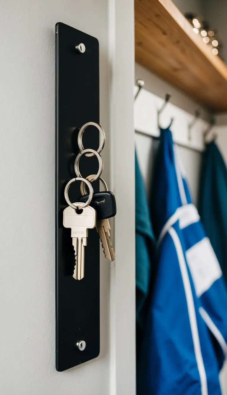 A magnetic key holder strip mounted on a wall, holding multiple keys in a mudroom setting