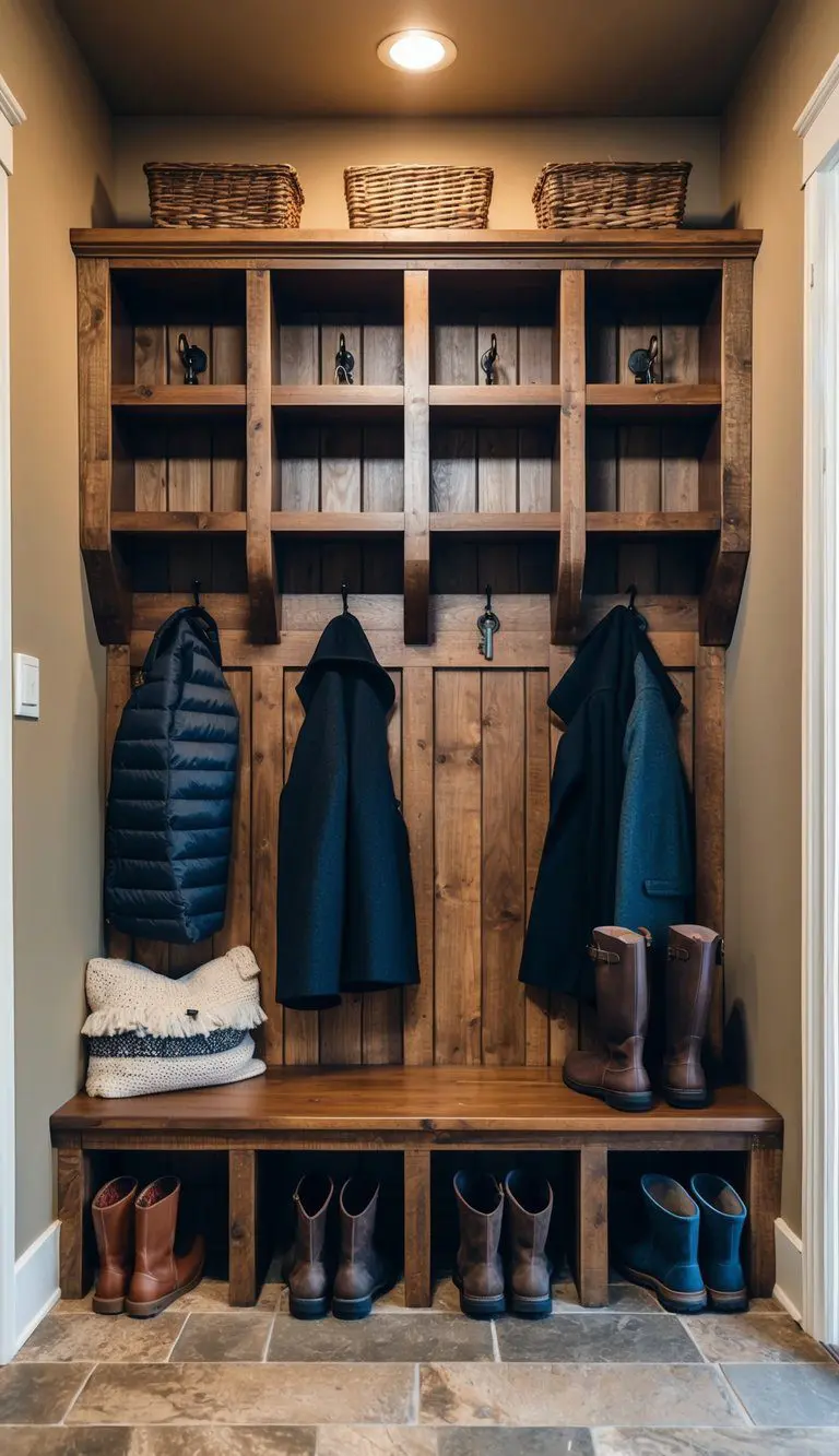 A rustic wooden cubby with key slots, surrounded by coats and boots in a cozy mudroom