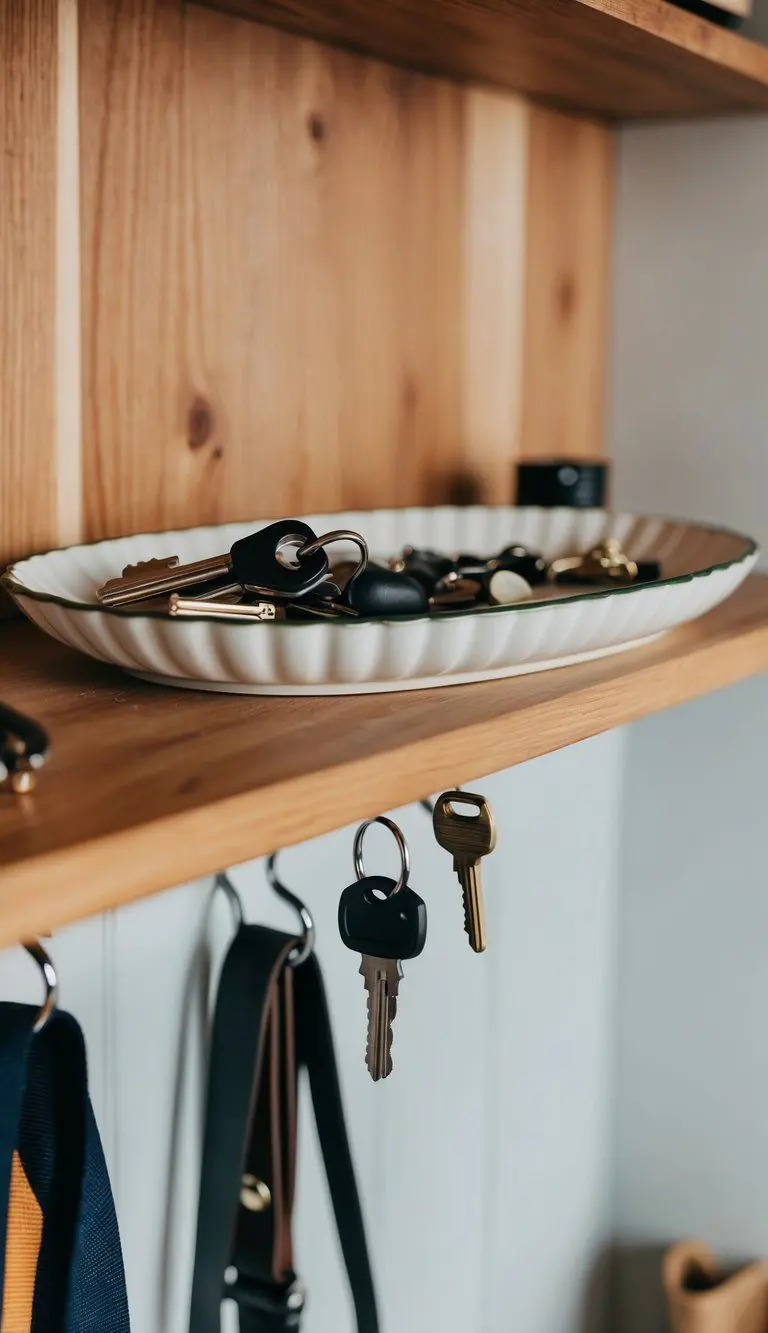 A ceramic dish tray sits on a wooden shelf, holding a jumble of keys and small trinkets in a tidy mudroom