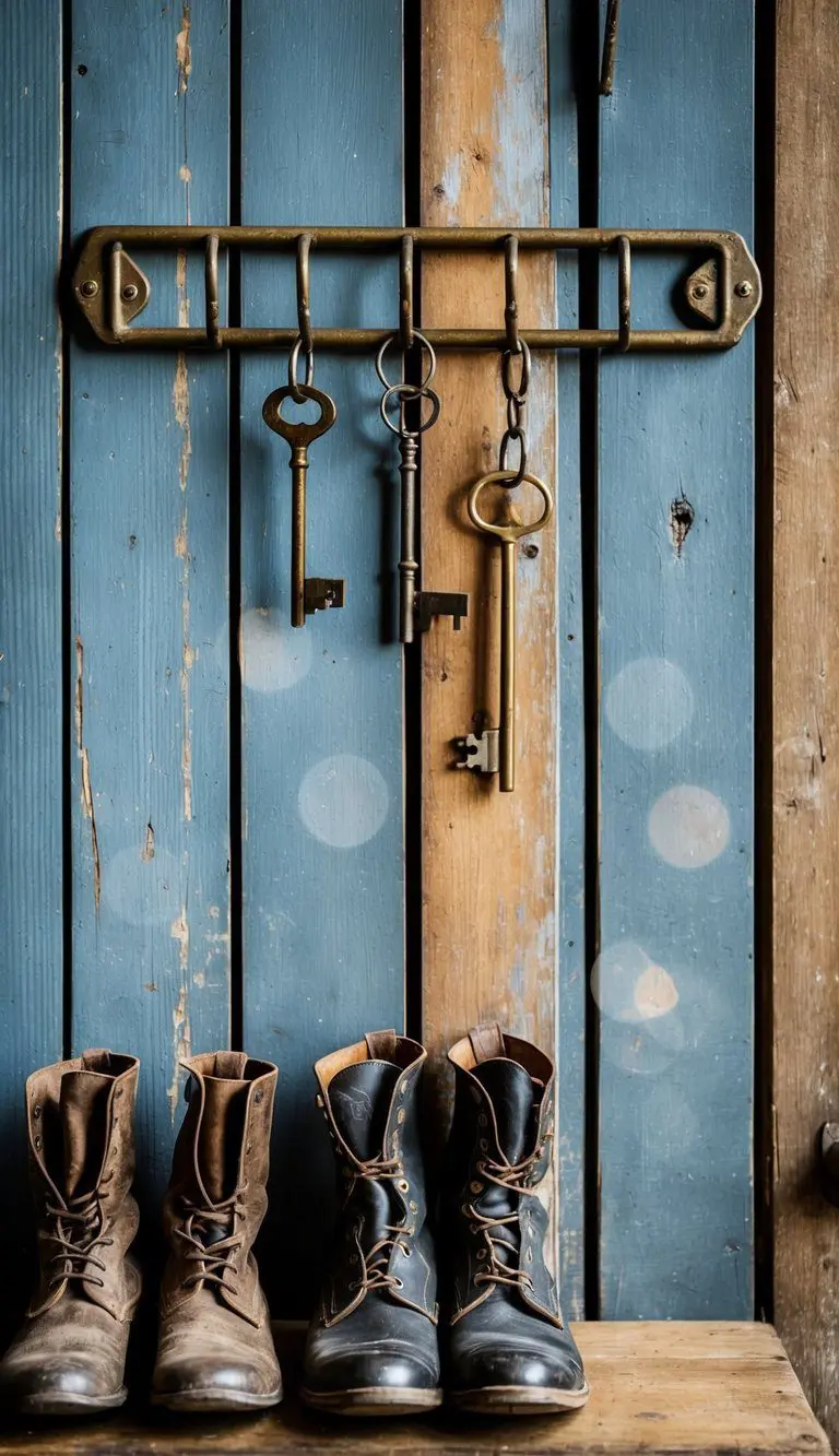 A vintage-style key rack hangs on a weathered wooden wall, with antique keys dangling from hooks. A pair of worn boots sit below