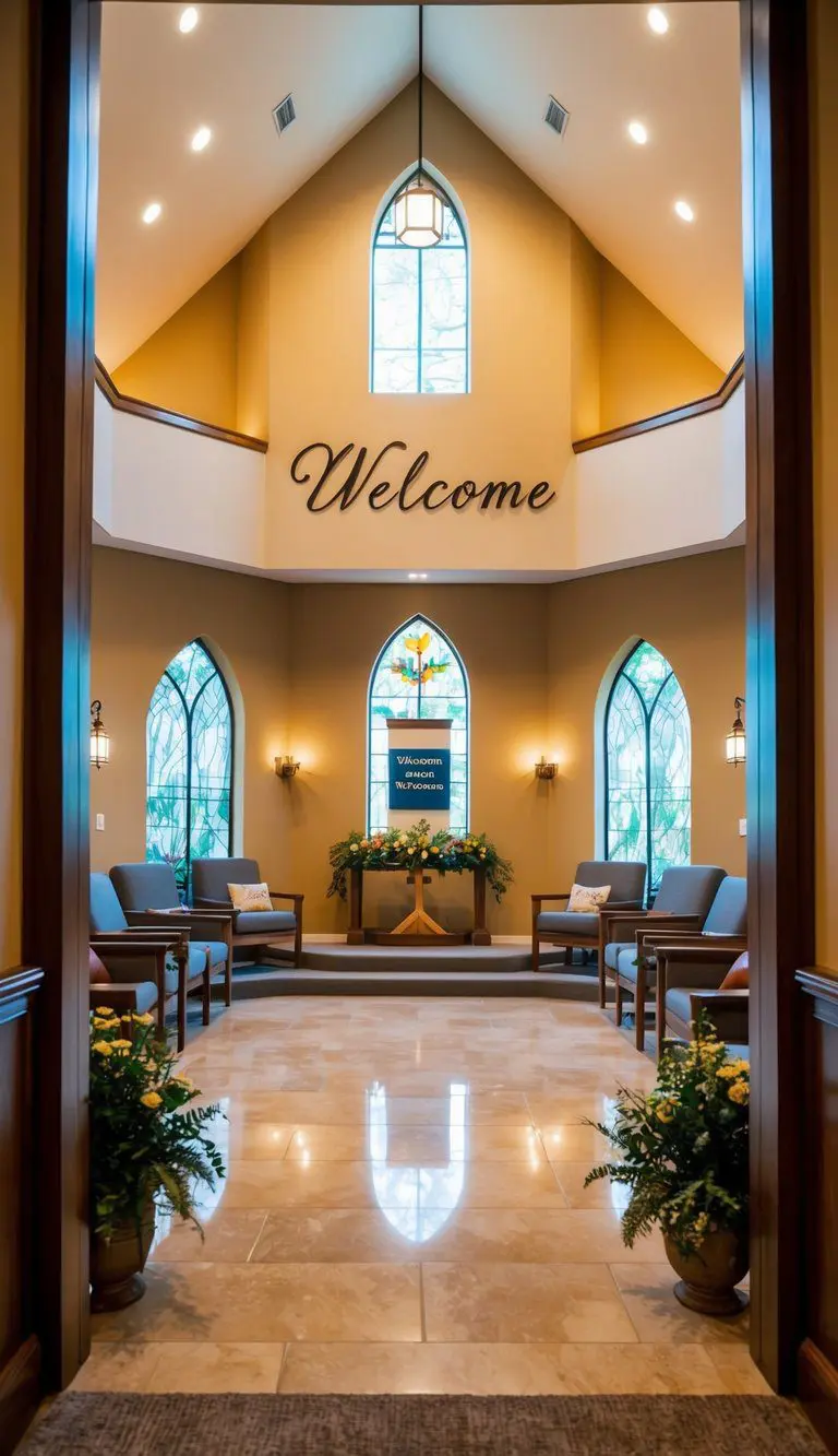 A warm, inviting church foyer with a customizable welcome sign, comfortable seating, and natural lighting