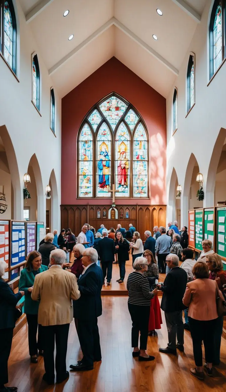 A bustling church foyer with colorful community boards and people interacting
