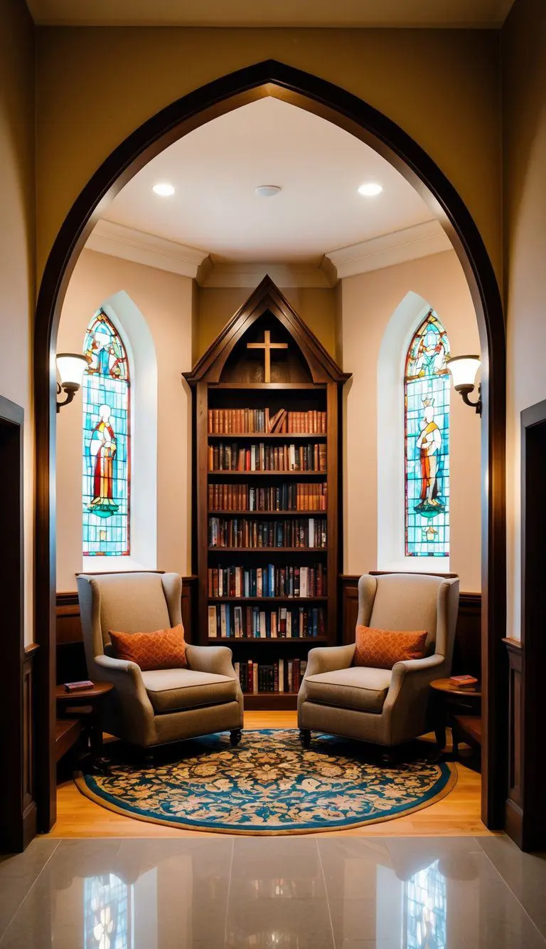 A warm, inviting reading nook in a church foyer, complete with plush armchairs, soft lighting, and a bookshelf filled with books