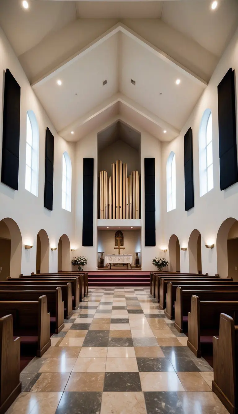 A church foyer with acoustic panels on the walls, soft lighting, and comfortable seating for sound control and ambiance