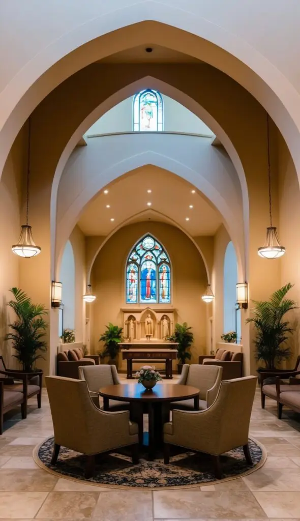 A grand church foyer with high ceilings, ornate chandeliers, and polished marble floors. Stained glass windows cast colorful patterns across the space, and pews line the walls for seating