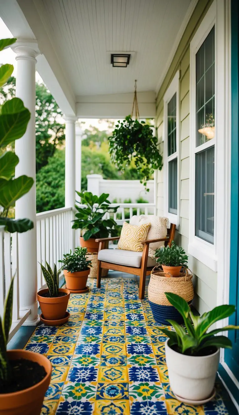 A front porch with colorful patterned tiles, surrounded by potted plants and a cozy seating area