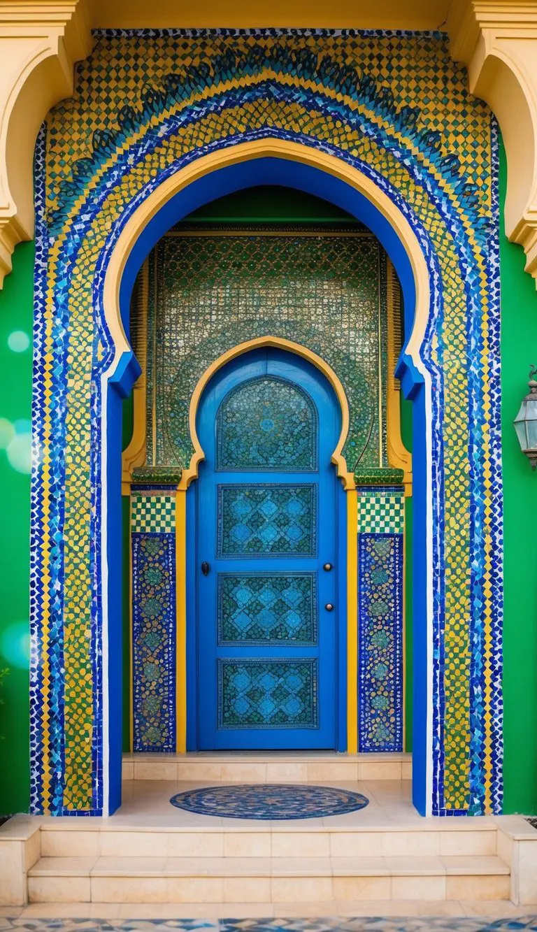 A vibrant Moroccan mosaic pattern adorns the front porch, featuring intricate geometric designs in rich hues of blue, green, and gold