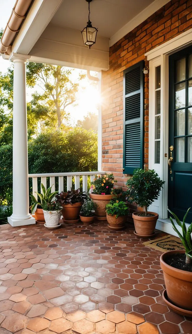 A front porch adorned with terracotta hexagon tiles in a geometric pattern, surrounded by potted plants and bathed in warm sunlight