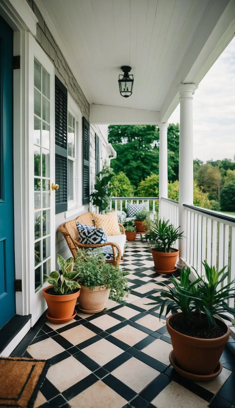A vintage checkerboard tile pattern adorns a front porch, surrounded by potted plants and a cozy seating area