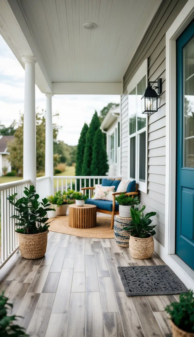 A front porch with porcelain wood plank tiles, surrounded by potted plants and a cozy seating area