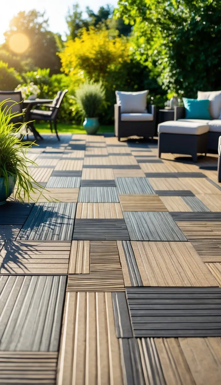 A sunny backyard with a variety of composite decking squares arranged in different patterns, surrounded by greenery and outdoor furniture
